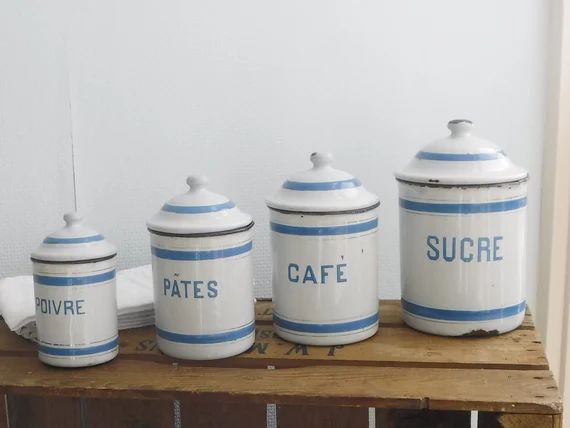 Set of 4 French white and blue enameled kitchen canisters | Etsy | Etsy (US)