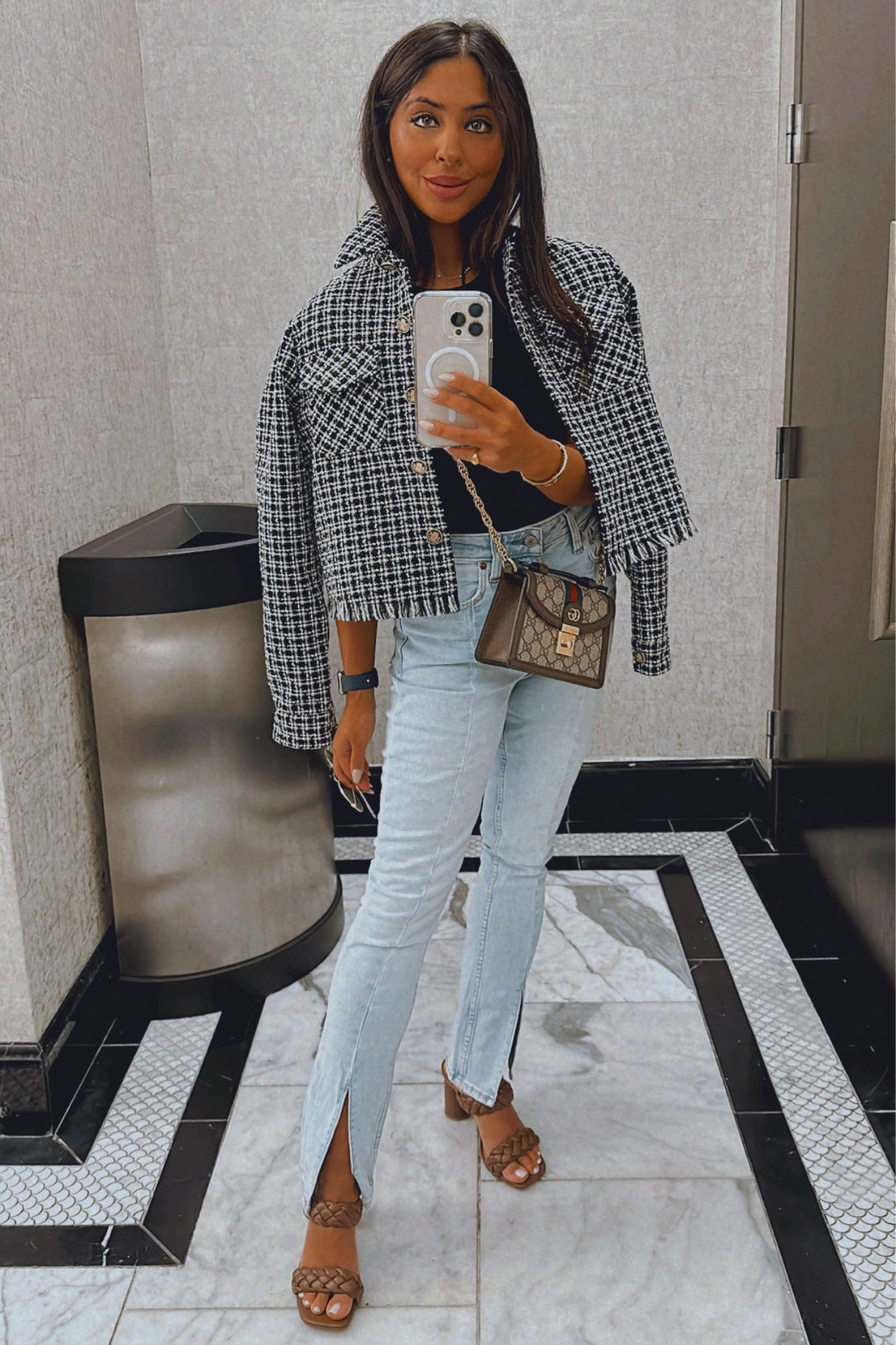 High rise 90’s straight jeans. Vintage jeans. Stylish work wear. Fashion work clothes. Work heels. Bachelorette heels. Wedding heels. Crossbody bag. Designer bag. Gucci. Curve jeans. Tweed jacket. Express sale. Abercrombie and Fitch denim. Denim for curvy women. Denim for straight body type. Stretchy denim on sale. Stylish denim. Black bodysuit. Fall inspo. Comfortable shoes. Work Barbie. Work outfit. Back to school. Interview outfit. Summer outfit. 

#LTKsalealert #LTKcurves #LTKstyletip