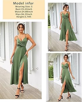 Newshows Women's 2023 Summer V Neck Satin Dress Spaghetti Strap Sleeveless Long Slit Cocktail Wed... | Amazon (US)