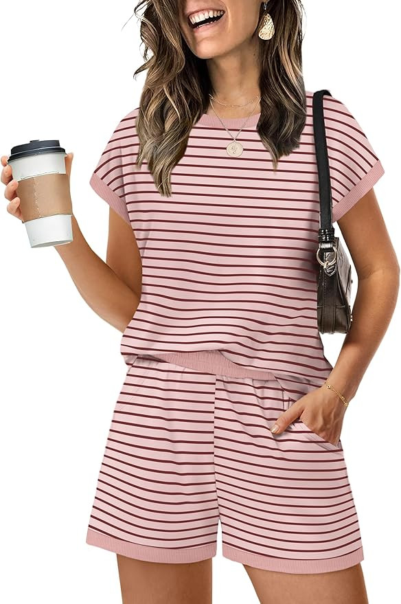 WIHOLL Two Piece Sets for Women Summer Lounge Short Sets Cap Sleeve Crew Neck Sweatsuit with Pock... | Amazon (US)
