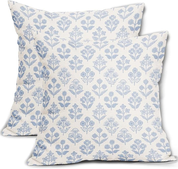 Baby Blue Floral Pillow Covers 18x18 Inch Set of 2, Vintage Flower Block Print Pattern Decorative... | Amazon (US)