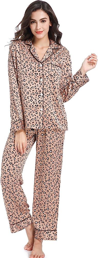 Serenedelicacy Women's Silky Satin Pajamas, Button Up Long Sleeve PJ Set Sleepwear Loungewear | Amazon (US)