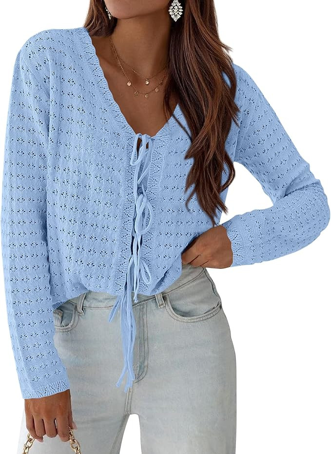 PRETTYGARDEN Crochet Cardigan Sweaters for Women Trendy Spring Summer Long Sleeve Tie Front Tops ... | Amazon (US)