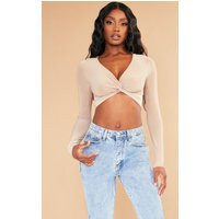 Natural Beige Slinky Long Sleeve Twist Front Crop Top | PrettyLittleThing CAN
