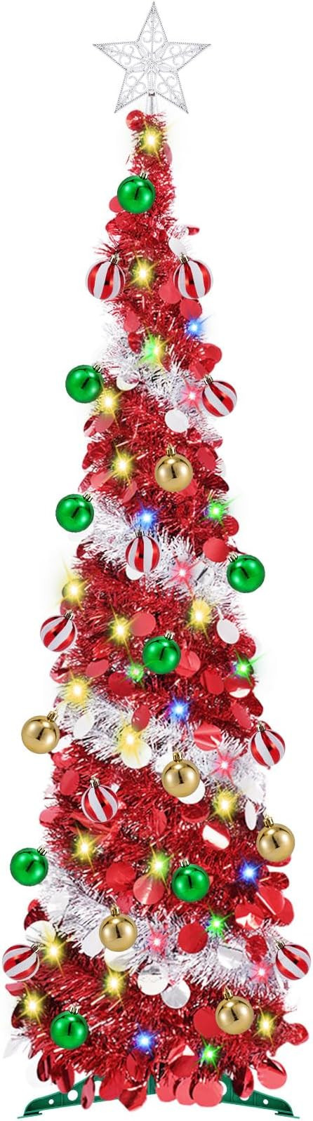 5 Ft Pop Up Tinsel Christmas Tree with 60 Warm White & Multi Color Change Lights, Glitter Prelit ... | Amazon (US)