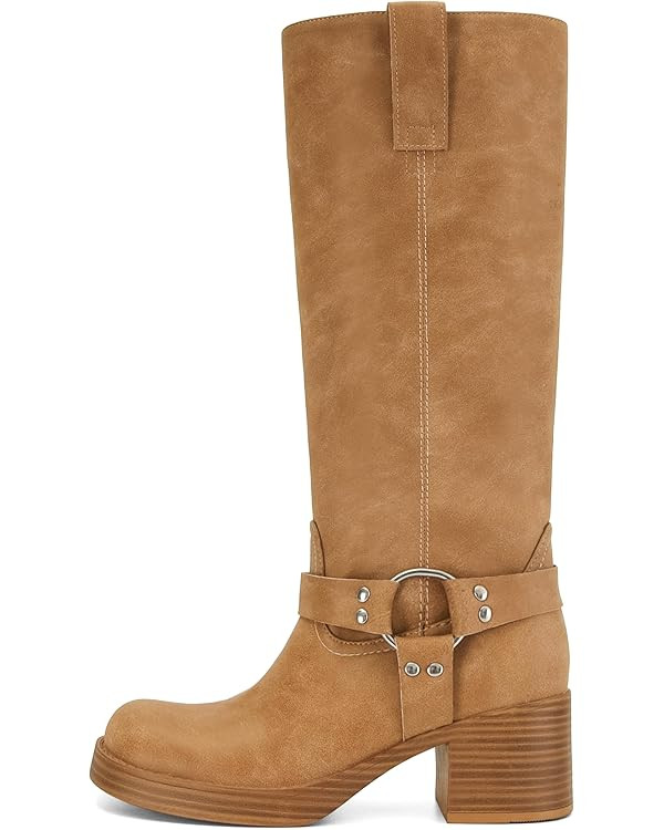 Women's Knee High Riding Boots Round Toe Block Heel Fashion Motorcycle Booties Side Zipper Wide C... | Amazon (US)