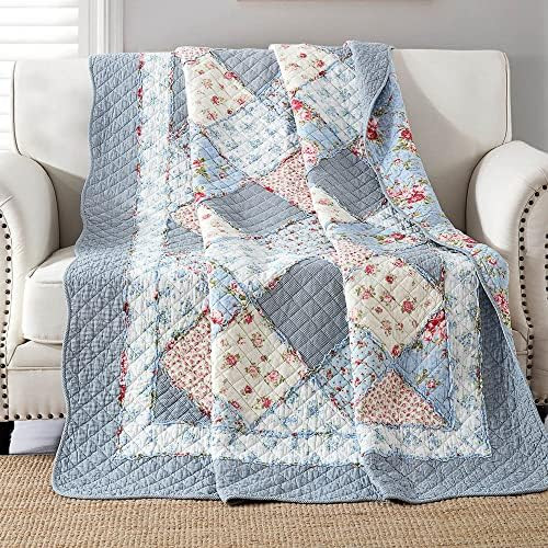 Twin Size Patchwork Quilt Blue Cotton Quilted Throw Blanket Reversible Bedspread Coverlet for Cou... | Amazon (US)