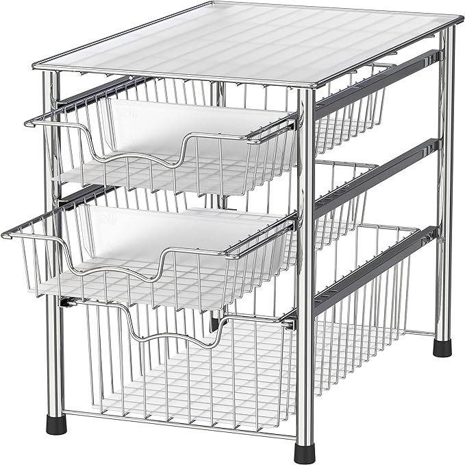 Simple Houseware Stackable 3 Tier Sliding Basket Organizer Drawer, Chrome | Amazon (US)