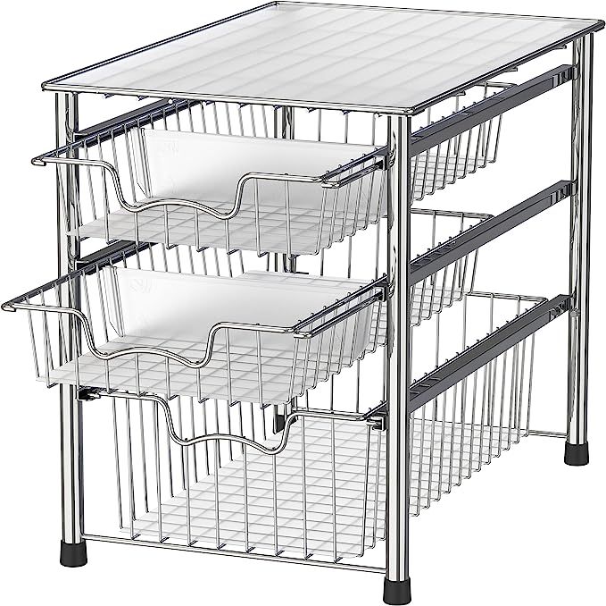Simple Houseware Stackable 3 Tier Sliding Basket Organizer Drawer, Chrome | Amazon (US)