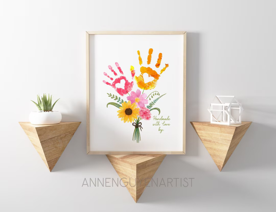 Mothers day handprint art print floral bouquet mom mommy grandmas garden flower art DIY craft gif... | Etsy (US)