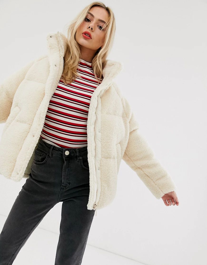 ASOS DESIGN fleece puffer jacket in cream | ASOS (Global)