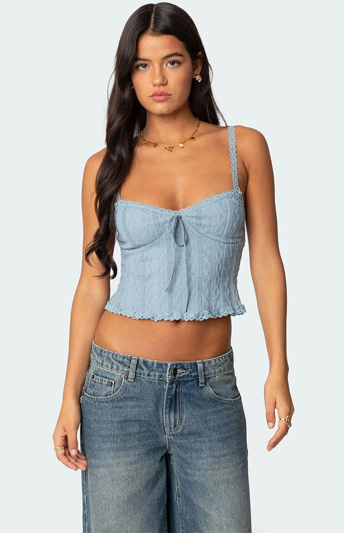 Edikted Women's Lacey Knit Tank Top in Light Blue - Size Medium | PacSun