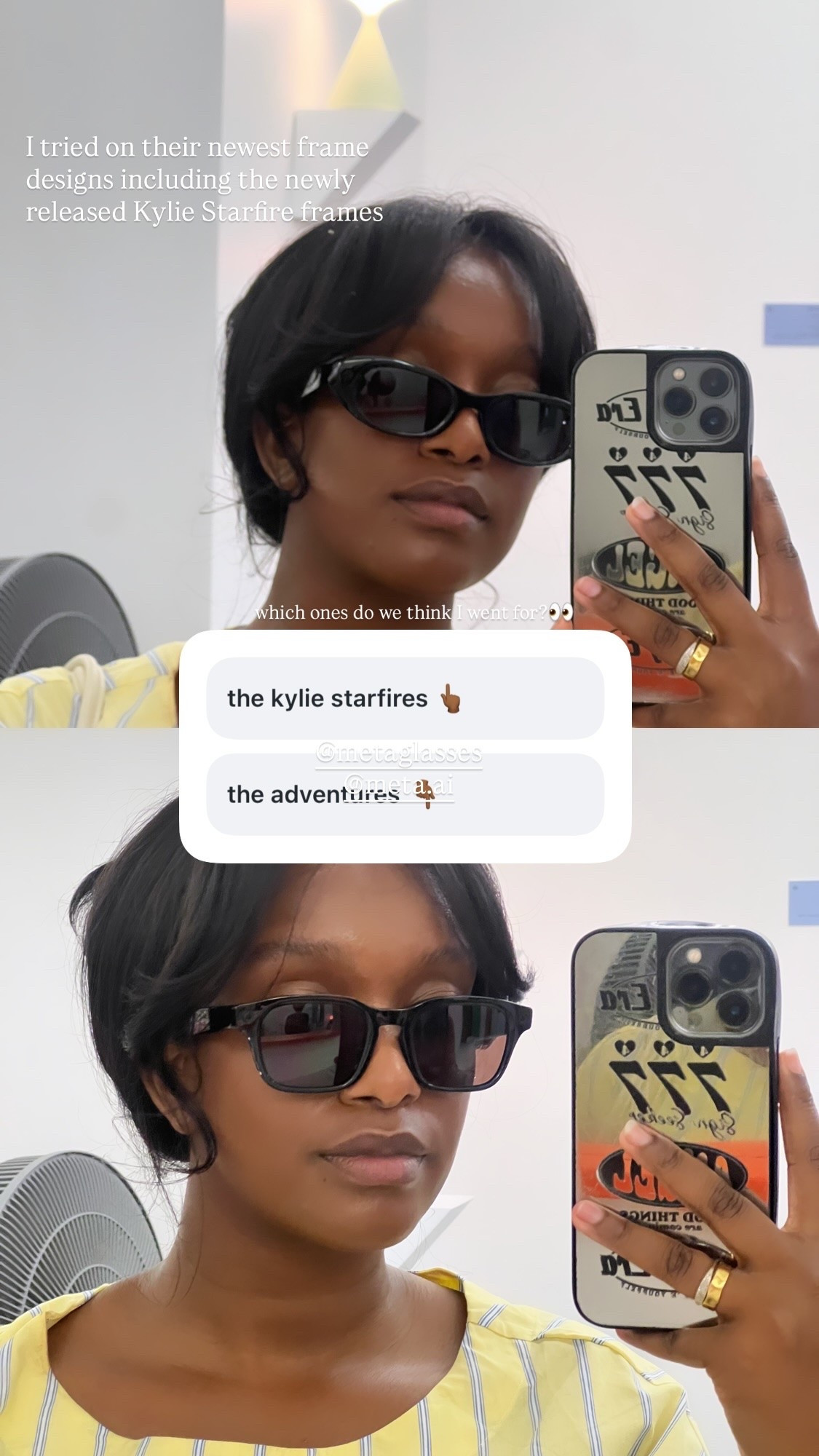 @metaglasses 
@meta.ai 
 which ones do we think I went for?👀 I tried on their newest frame designs including the newly released Kylie Starfire frames