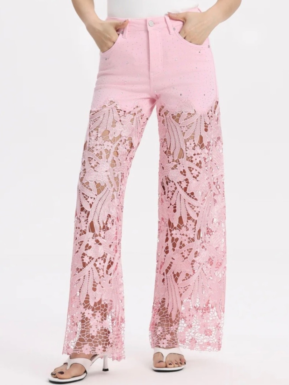 PINK HIGH WAIST CRYSTAL EMBELLISHED CURVE HUGGING WIDE LEG LACE JEANS | Poshmark