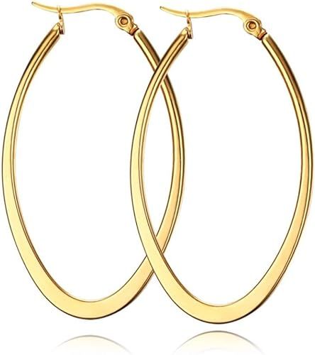 Stainless Steel Gold Thin and Flat Big Large Oval Spring loaded Hoop Earrings… | Amazon (US)