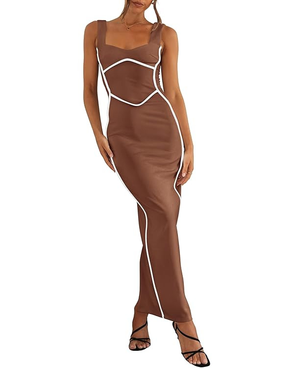 BTFBM Women Maxi Bodycon Dresses Square Neck Sleeveless Contrast Binding Split Cocktail Party Clu... | Amazon (US)
