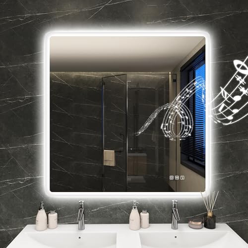 S'bagno 36"x36" LED Bathroom Mirror with Lights, Bluetooth Speaker, Anti-Fog & Waterproof, Dimmable Wall Mirror with Touch Control, 3 Light Colors, Vertical or Horizontal | Amazon (US)