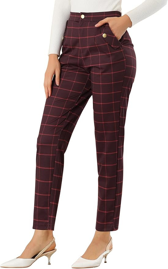 Allegra K Women's Vintage Tartan Plaid Pants Elastic Waist Straight Long Trousers | Amazon (US)