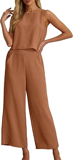 IWOLLENCE Women's Summer 2 Piece Outfits Set Round neck Sleeveless Tank Crop Top Wide Leg pants S... | Amazon (US)