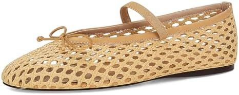 Woven Ballet Flats for Women Cute Raffia Mary Janes Bow Elastic Strap Summer Straw Comfortable Ca... | Amazon (US)