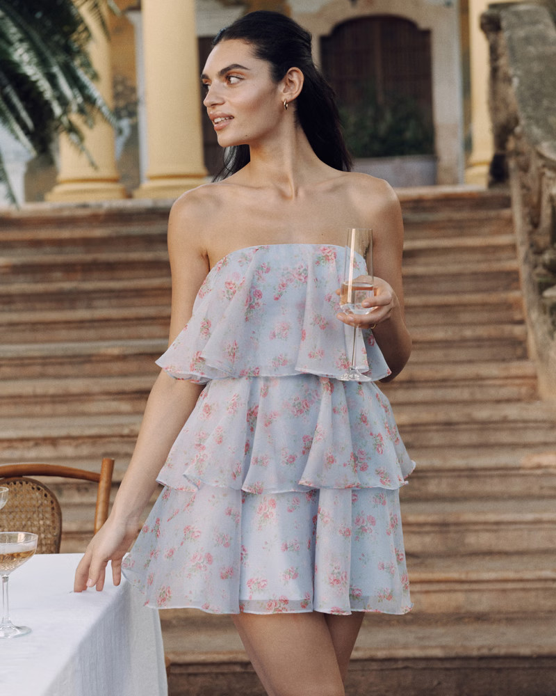 Women's Organza Tiered Strapless Mini Dress | Women's Dresses & Jumpsuits | Abercrombie.com | Abercrombie & Fitch (US)