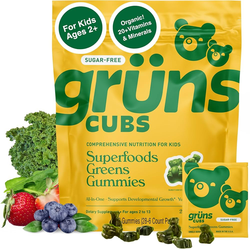 Gruns Multivitamin for Kids, Sugar-Free, Super Greens Superfood Gummy Bears With 20 Vitamins & Mi... | Amazon (US)