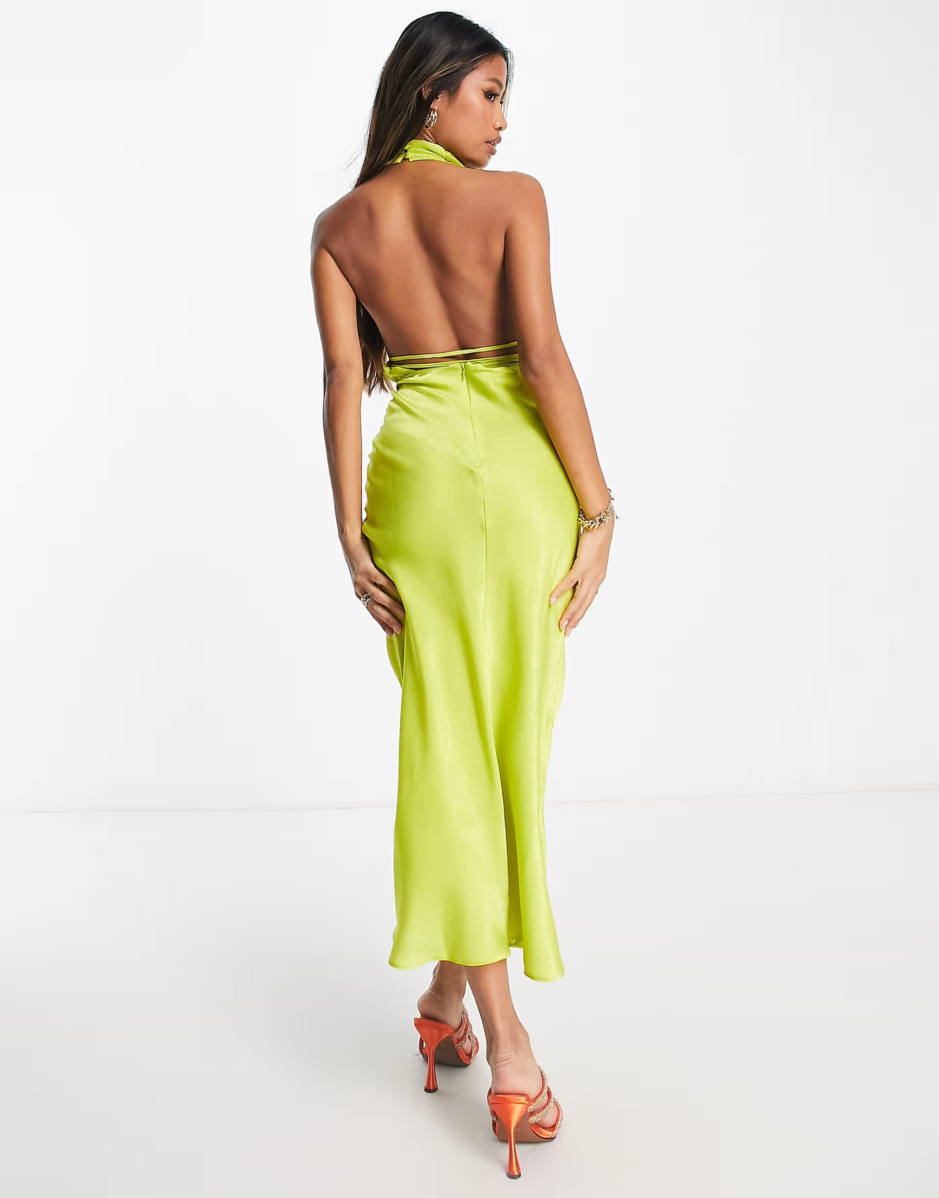 ASOS DESIGN cowl neck halter midi with tie wrap waist in lime | ASOS (Global)