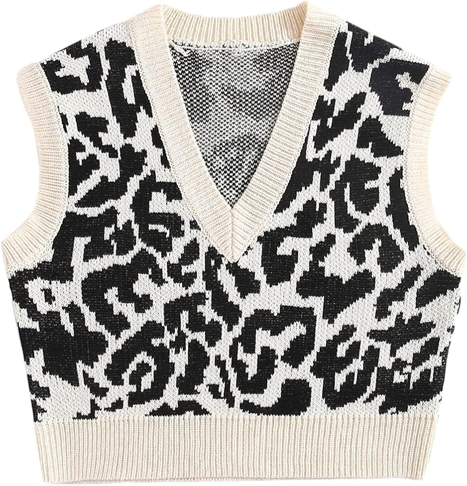 Verdusa Women's Leopard Print V Neck Sleeveless Knitted Sweater Vest | Amazon (US)
