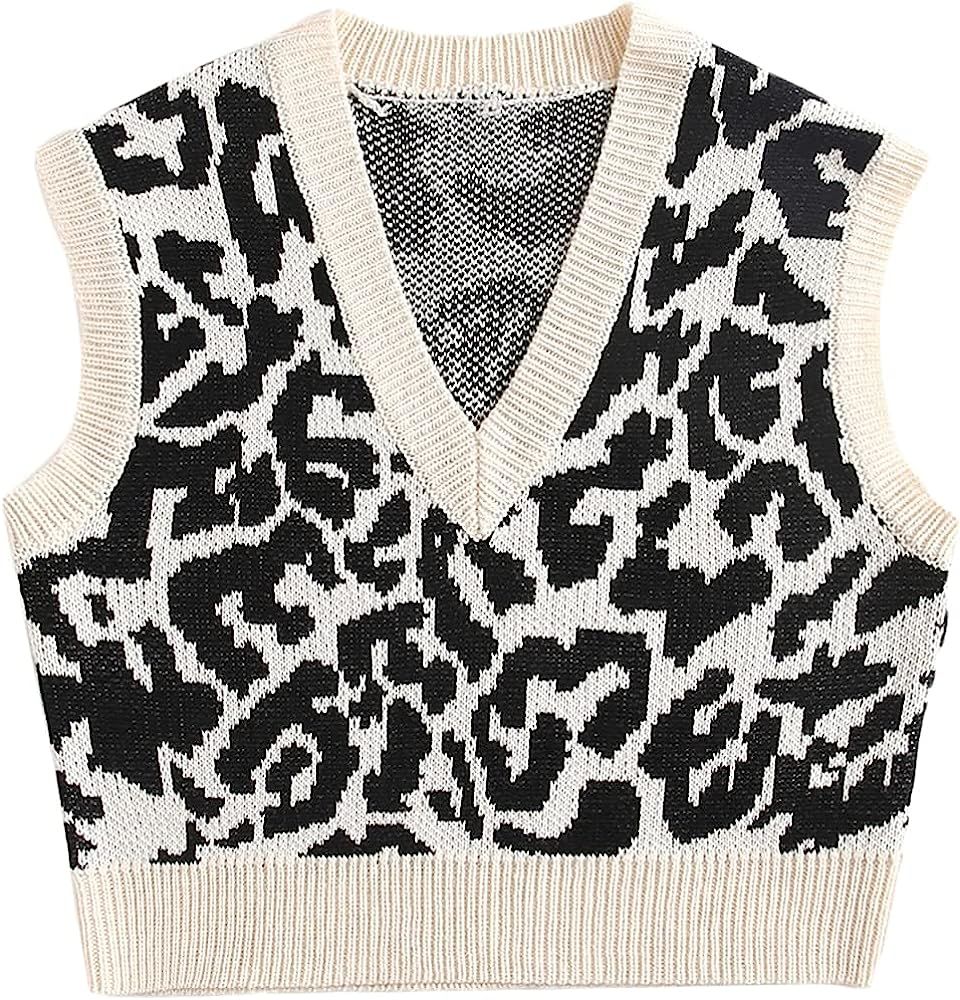 Verdusa Women's Leopard Print V Neck Sleeveless Knitted Sweater Vest | Amazon (US)