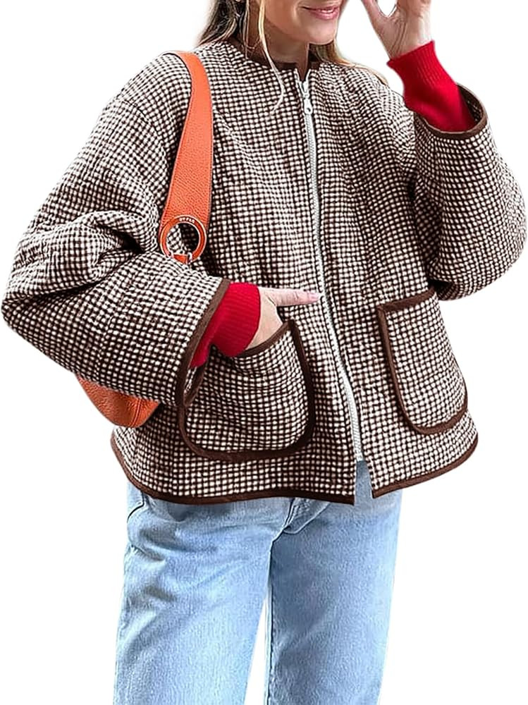 Yousify Womens Jackets Fall Fashion 2024 Crew Neck Quilted Plaid Jacket Full Zipper Coats S-2XL | Amazon (US)