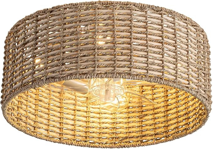 Handwoven Boho Rattan Ceiling Fan with Light,Flush Mount Caged Ceiling Fans with Lights and Remot... | Amazon (US)