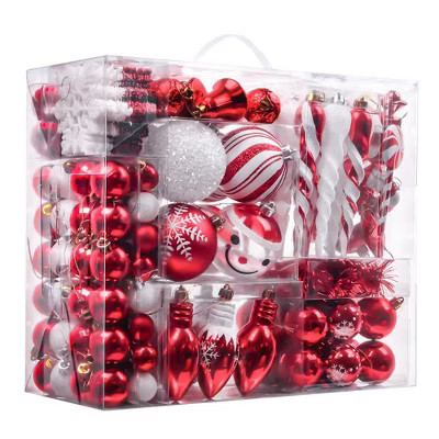 155pc Christmas Paradise Ornament Bundle Mega Set, Red and White Baubles with Classic Theme| OrnamentallyYou | Target