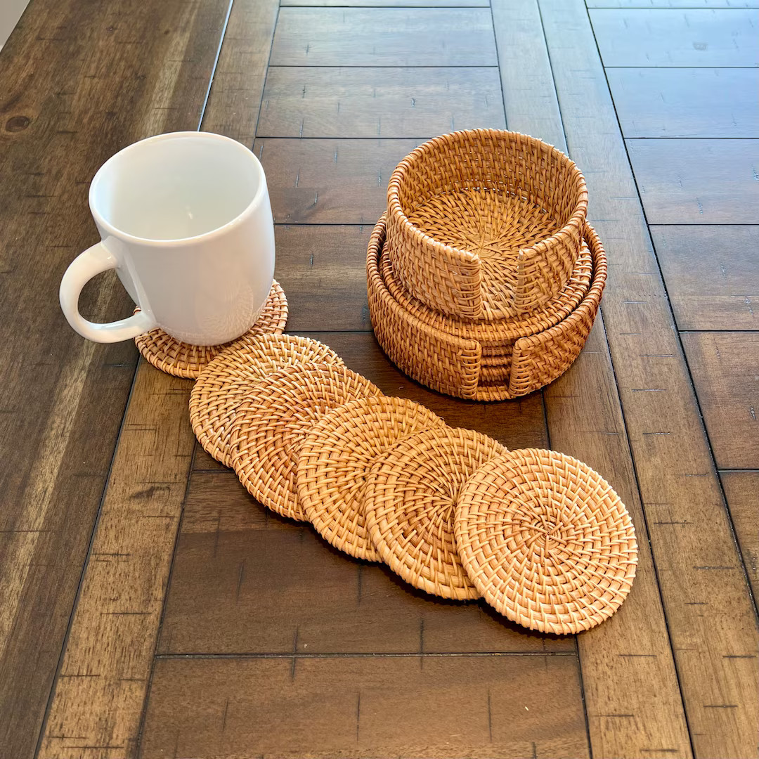 Rattan Coaster Set of 6 With Holder 4 Inch 5 Inch Coasters for Coffee Table Boho Tea Cup Placemat... | Etsy (US)
