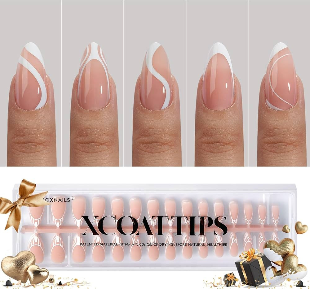 BTArtbox Press On Nails Almond - 5 Styles XCOATTIPS French Tip Almond Nails, Pre-Designed Swirl S... | Amazon (US)