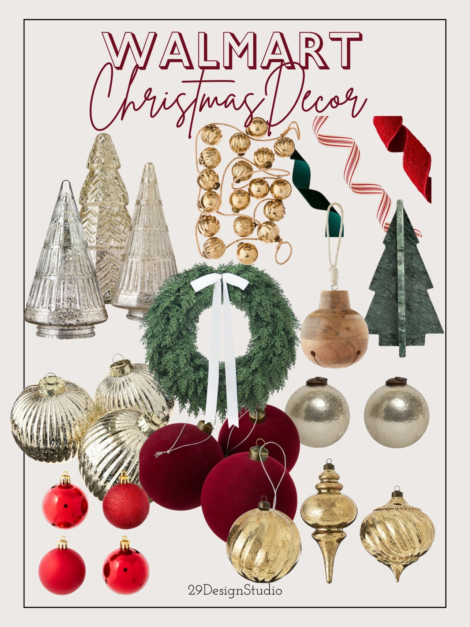 Walmart holiday decor. I checked all of these out in store and ended up with 90% of them. This year my tree will be different shades of red including bright red and burgundy mixed together with some gold and silver added in as well. 

#LTKSeasonal #LTKHoliday #LTKHome