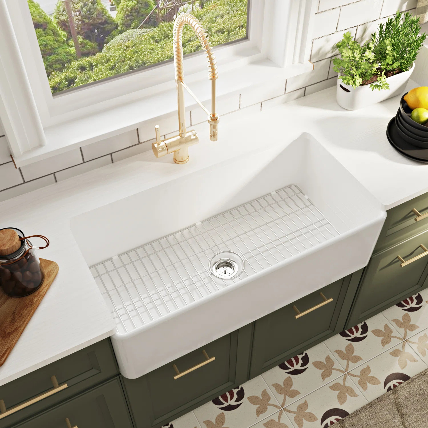 Grove 33" L X 18" W Rectangular Single Bowl Fireclay Farmhouse Kitchen Sink with Grid and Straine... | Wayfair North America