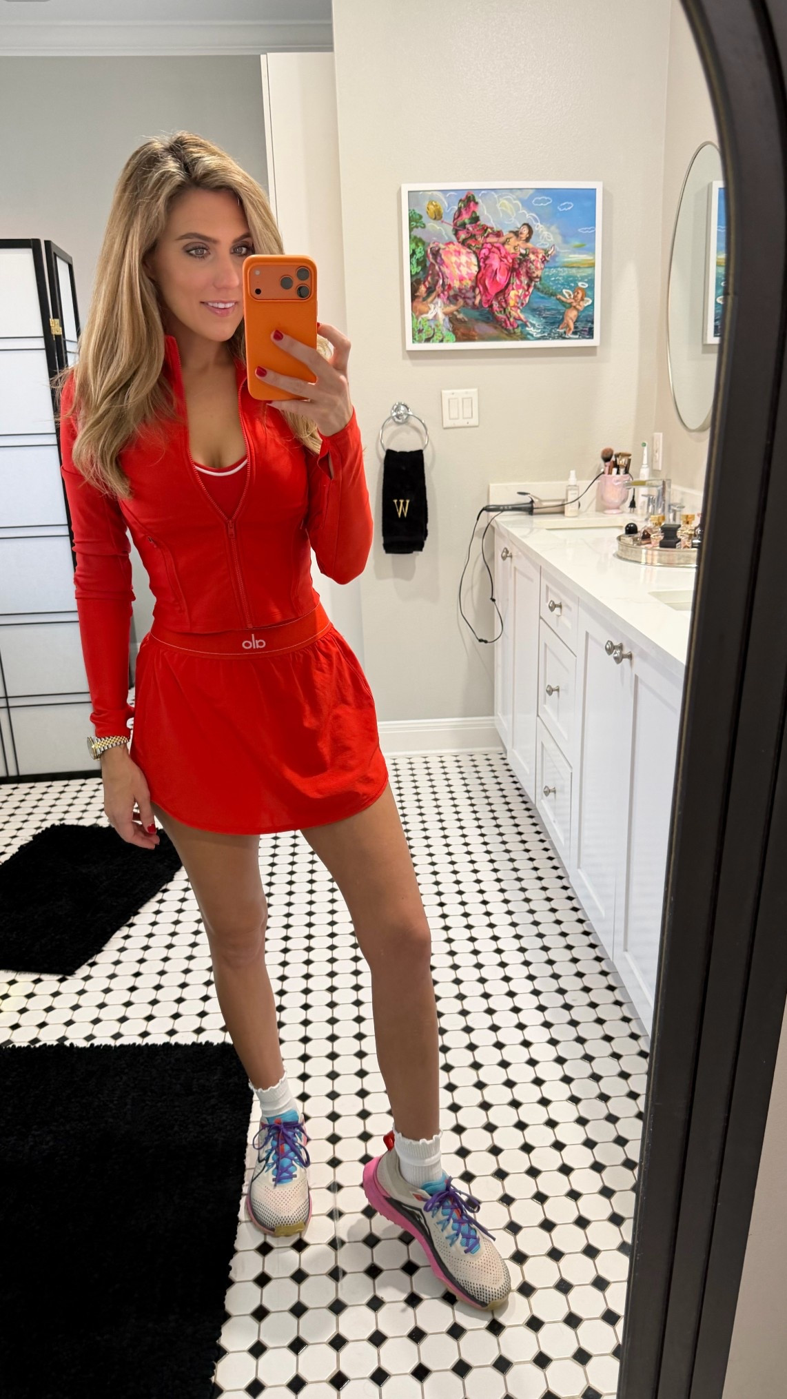 Surprised this skirt is still in stock in red! So vibrant! I am wearing a small in skirt and jacket and a medium in the bra  #alo #athleisire 

#LTKmomlife #LTKActive #LTKfitnessgoals