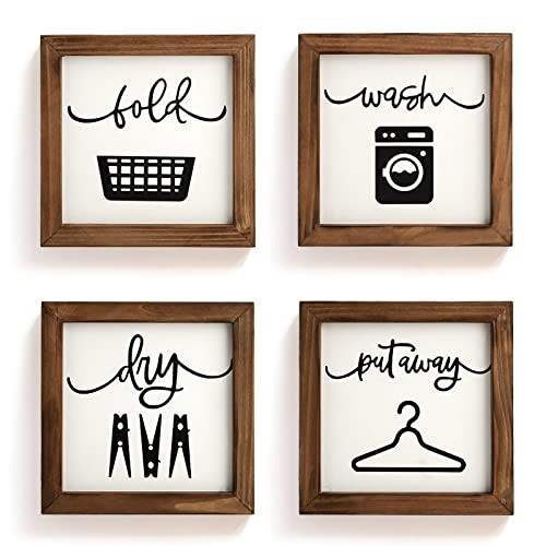 Laundry Room Decor for Wall Farmhouse Signs Set of 4 Wash Dry Fold Put Away Rustic Decor for Shelf Laundry Wall Art with Wood Frame Decorative Room Sign 8'' x 8'' | Amazon (US)