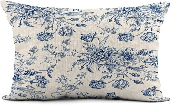 HODKHNO Throw Pillow Cover 12x20 Inch Chinoirise Blue Toile Flowers Boho Chic Baby White Pattern ... | Amazon (US)