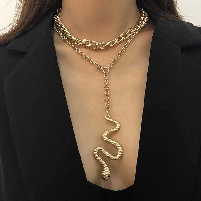 Ckecharfa Layered Snake Pendant Necklaces Gold Chunky Necklace Chain Jewelry for Women | Amazon (US)