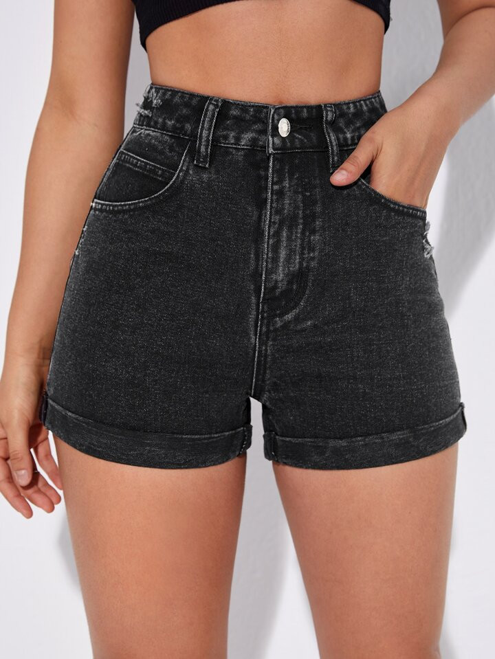 SHEIN EZwear Ripped Roll Up Hem Denim Shorts | SHEIN