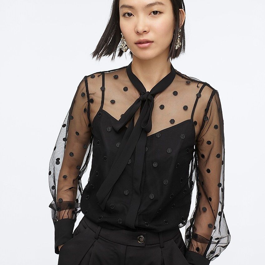 Tie-neck long-sleeve blouse in dotted  tulle | J.Crew US