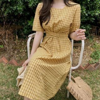 Plaid Short-Sleeve Midi A-Line Dress | YesStyle Global