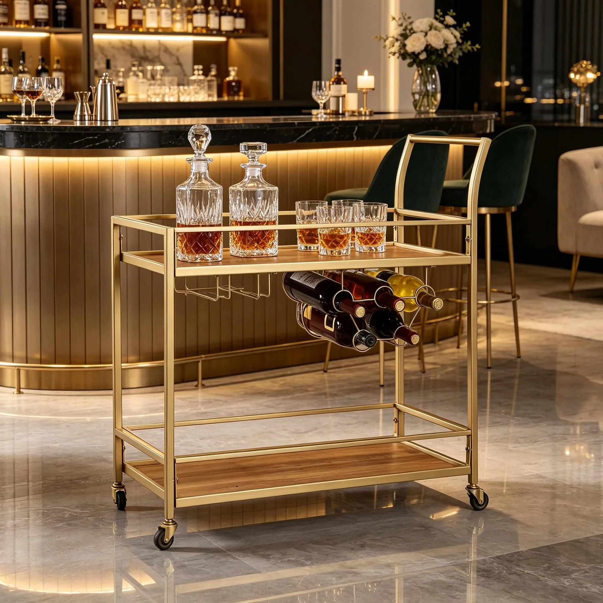 A two-tier mobile bar cart, made of gold and brown wood, featuring a rolling kitchen cart with wine glass storage, and a mini coffee station for livin | Wayfair North America