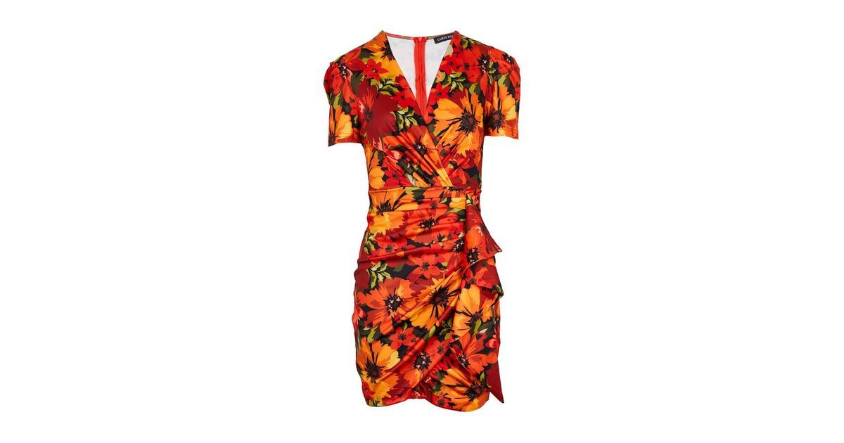 Cameo Rose Orange Floral Wrap Ruched Mini Dress 
						
						Add to Saved Items
						Remove fro... | New Look (UK)