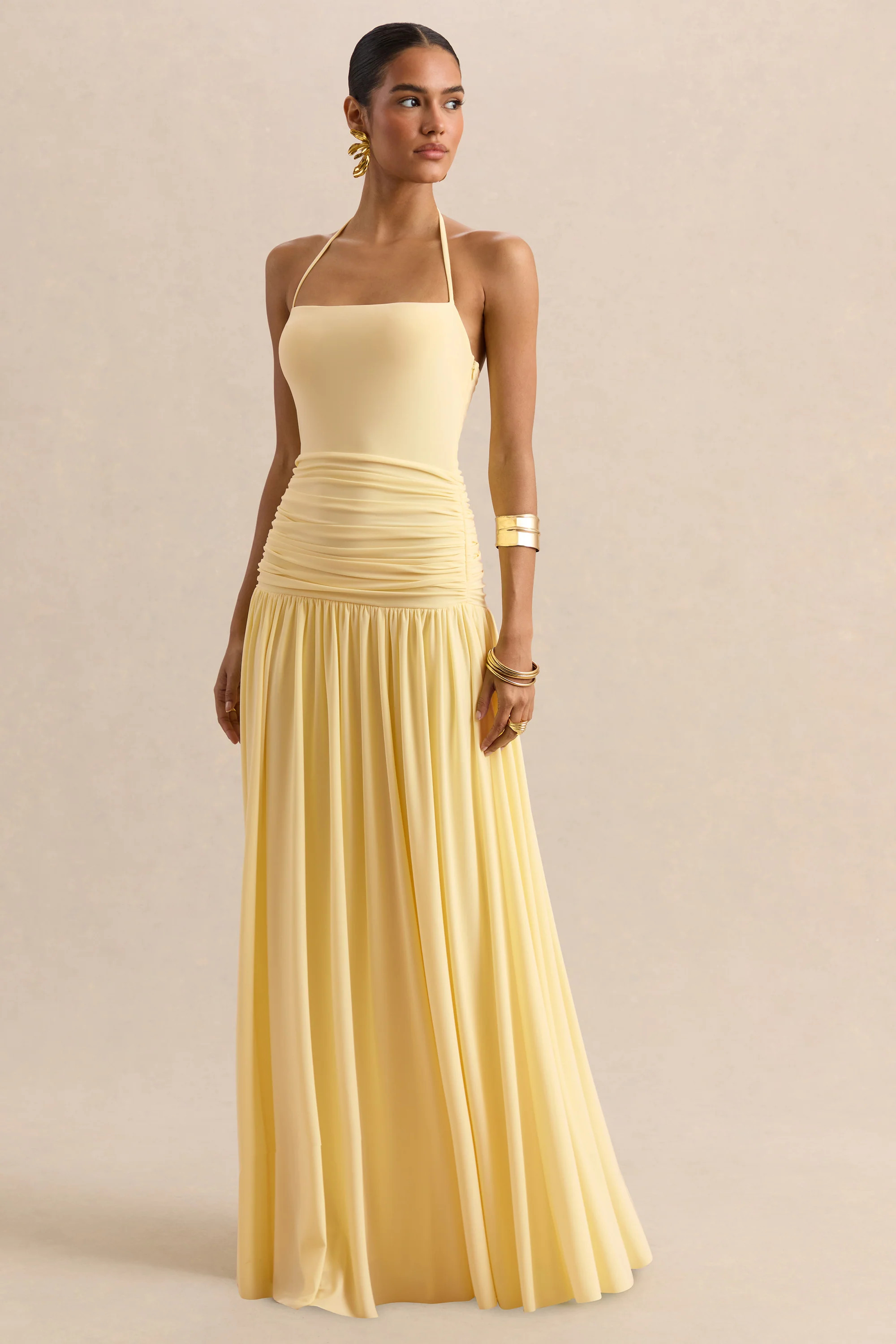 Nicolette | Lemon Square-Neck Maxi Dress With Ruched-Detailing | Club L London