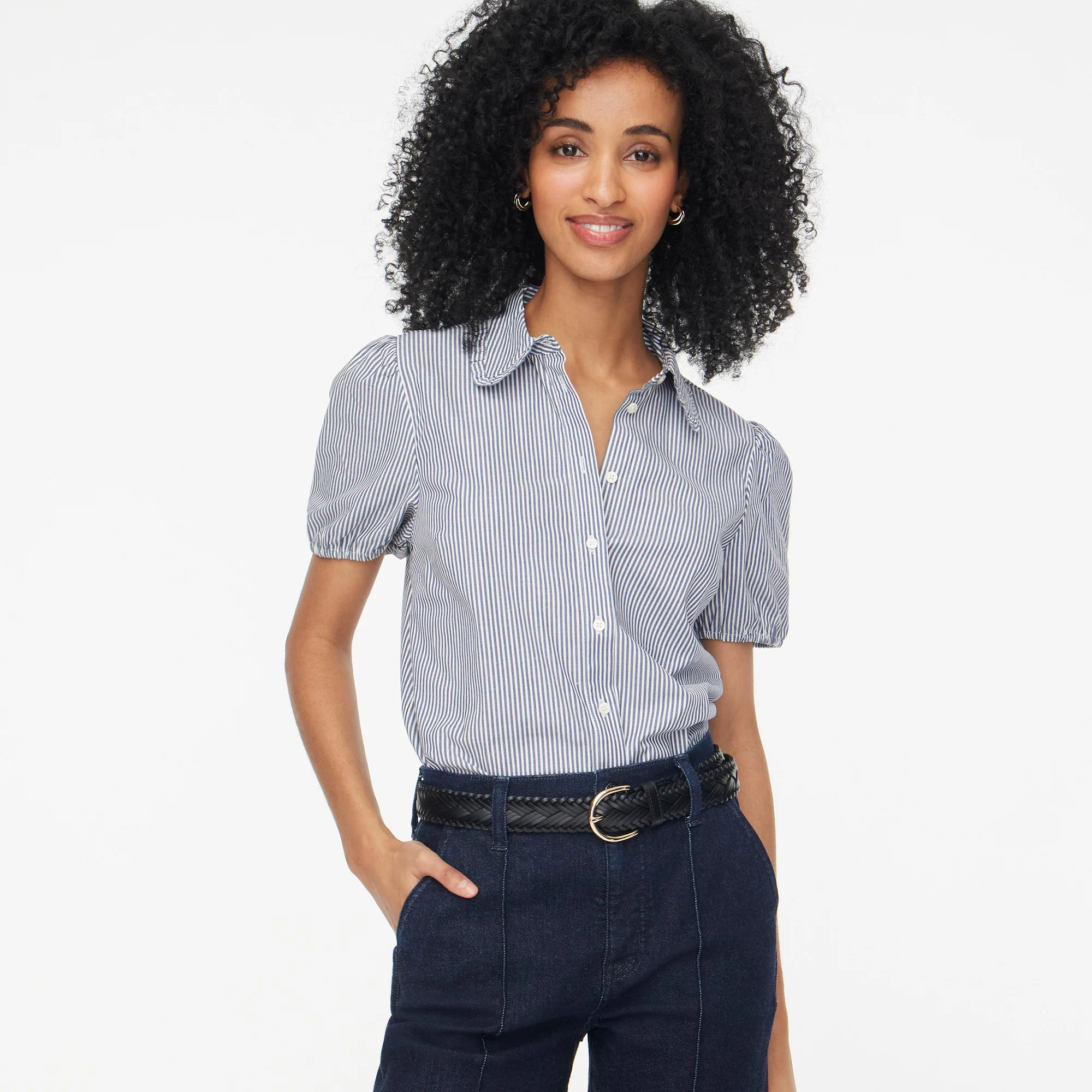 Striped puff-sleeve ruffle-collar top | J.Crew Factory