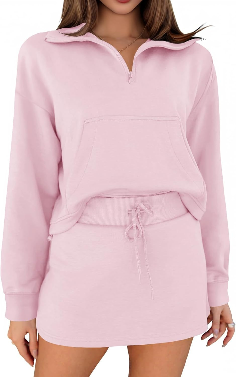 Fisoew Womens Sweatsuits 2 Piece Outfits Quarter Zip Cropped Sweatshirts Casual Mini Skorts Lounge Wear Skirts Sets | Amazon (US)