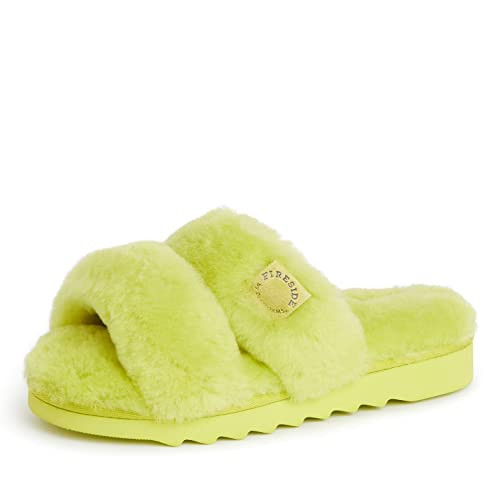 Dearfoams Women's Fireside Benalla All Over Shearling Double Band Easy on/Off Slide Slipper, Apple Green, 10 | Amazon (US)
