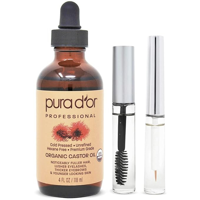 PURA D'OR Organic Castor Oil (4oz + 2 BONUS Pre-Filled Eyelash & Eyebrow Brushes) 100% Pure, Cold... | Amazon (US)